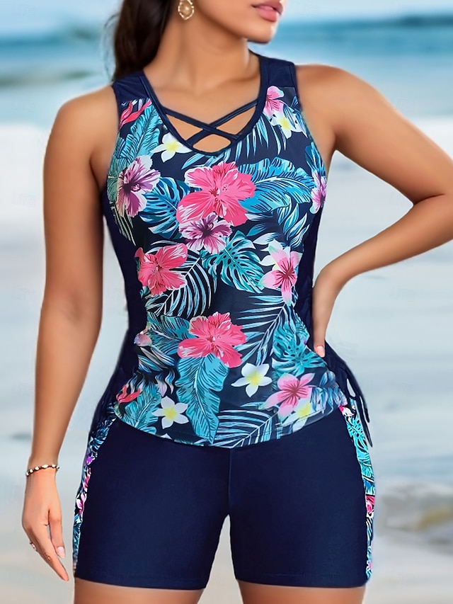  Mulheres Roupa de Banho 2 partes Calção roupa de banho Com Cordão Férias Roupa de Praia Gráfico Flor Decote U Sem Manga Fatos de banho