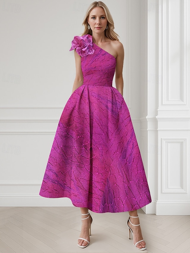  Roze A-Lijn Cocktailjurken Elegante Jurk Formele Bruiloft Enkellengte Mouwloos Eén Schouder Nylon met Zak Schouderbloem Bruiloft Gast Jurk