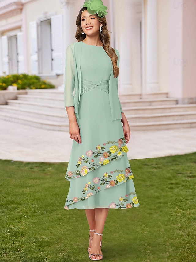  Due Pezzi A-Line Abito Madre della Sposa Elegante Collo Girocollo Lunghezza Pavimento Chiffon Maniche Lunghe Inclusa Giacca con Volant in Pizzo Abito Derby 2025