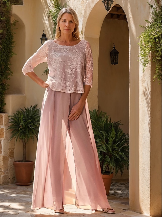  Two Piece Jumpsuit / Pantsuit Mother of the Bride Dress Elegant Simple Minimalist Crew Neck Floor Length Chiffon Half Sleeve with Lace