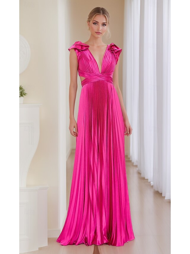  Vestido rosa choque, corte A, vestido de noite, vestido plissado, formal, casamento, comprimento até o chão, sem mangas, decote profundo, cetim com babados, 2025
