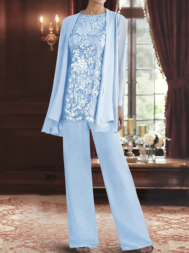  3 Piece Pantsuit Mother of the Bride Dress Elegant Crew Neck Floor Length Polyester Long Sleeve with Beading
