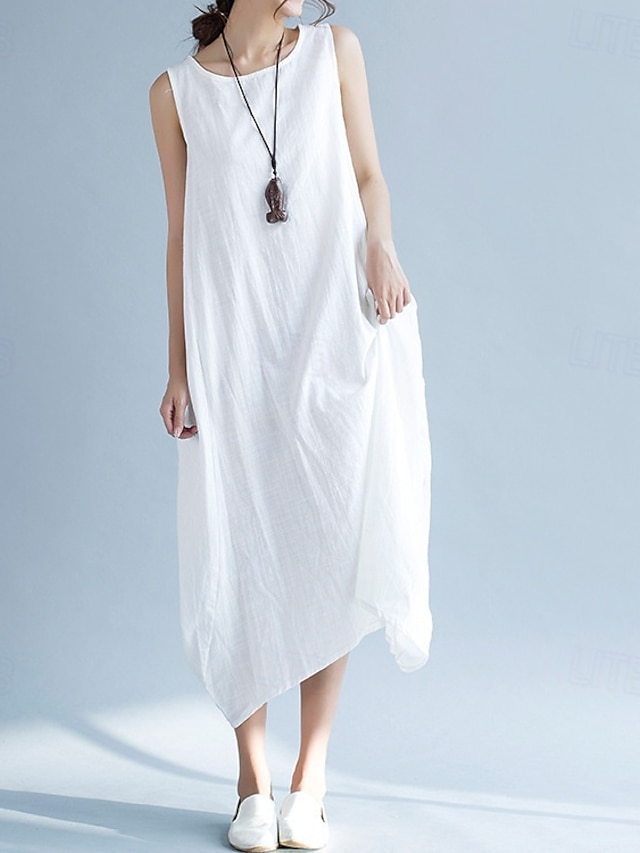  Femmes Robe Longue Maxi Robe Robes en coton et lin Robe Décontractée Mode Extérieur Soirée Fête Coupe régulière Uni Sans manches Col ras du cou Noir Blanche Violet Été