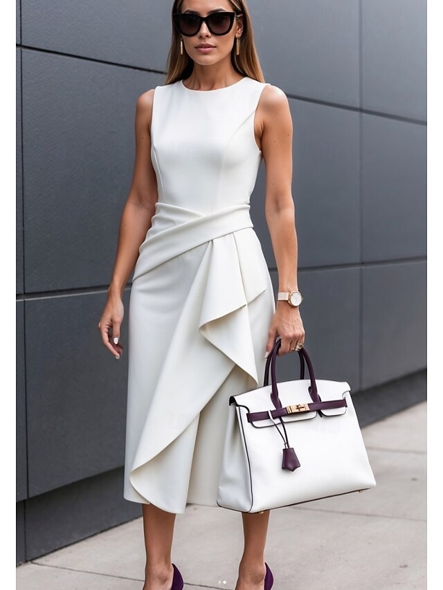 Women's Midi Dress Sheath Dress Summer Dress Ruched Dress Elegant Date Summer Dress Regular Fit Pure Color Sleeveless Crew Neck White Blue Purple Summer4