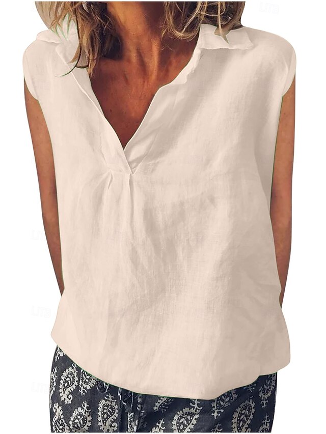  Débardeur camisole en coton et lin pour femme, couleur unie, élégant, décontracté, sans manches, col en V, régulier, pour tous les jours, vacances, blanc, rose, bleu, vert, été, printemps