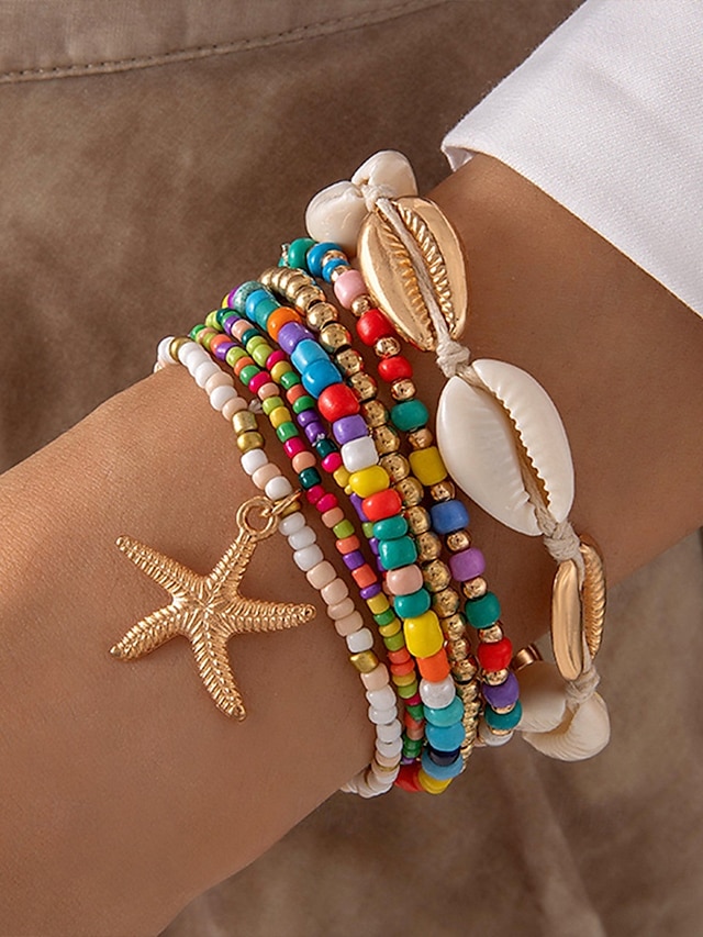  női boho shell gyöngyös karkötő szett - 7 részes tengeri csillag bűbáj sztreccs karkötő többféle színben nyári strand és üdülő viselethez