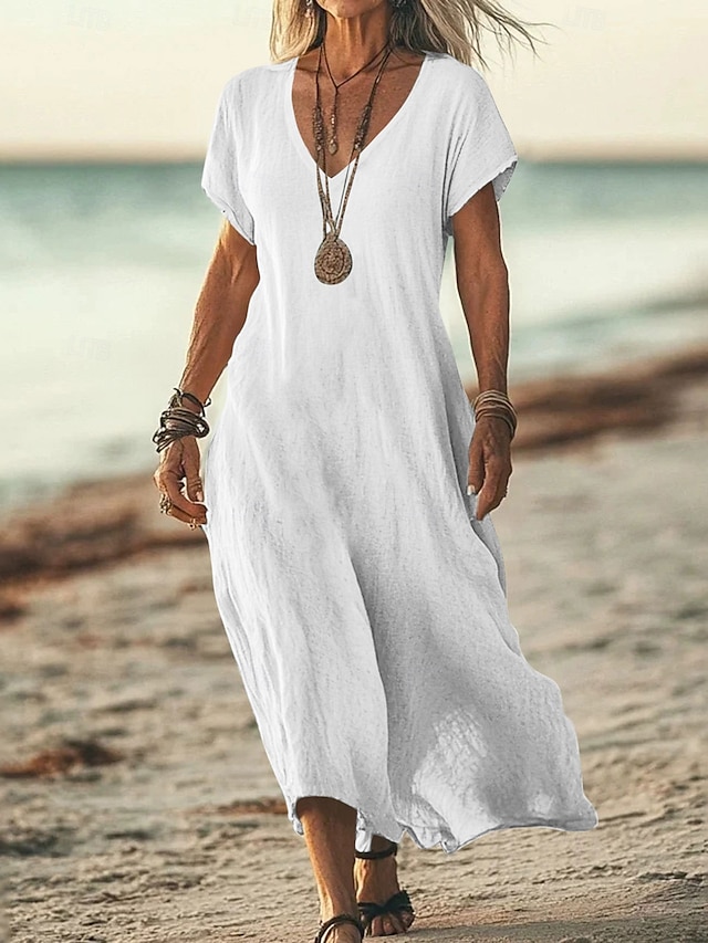  Women's Midi Dress Sundress Summer Dress Casual Daily Holiday Beach Regular Fit Linen Like Plain Short Sleeve V Neck White Pink Blue Green Summer