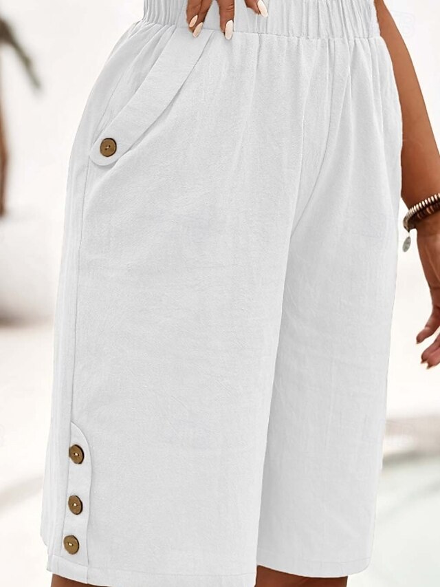  Mulheres Shorts de algodão e linho Calção Colheita Roupa de rua Casual Comprimento do joelho Natural Tecido Bolsos Cintura elástica Exterior Confortável Ao ar livre Para Noite Azul de céu claro Preto