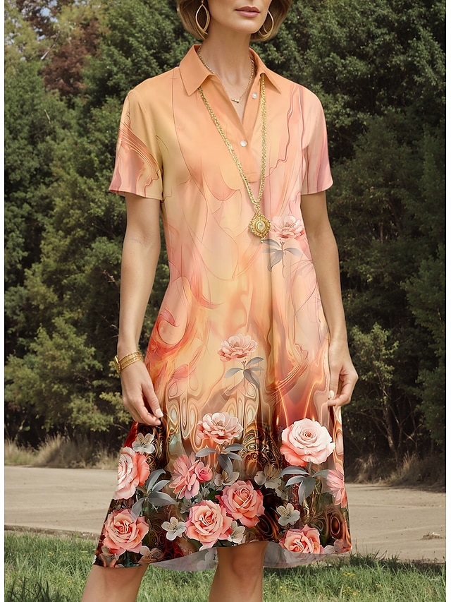  Pentru femei Rochii Midi Rochie A line Vacanță Casual Zilnic Dată Fit regulat Ombre Floral Grafic Manșon scurt Guler Cămașă Portocaliu Vară Primăvară