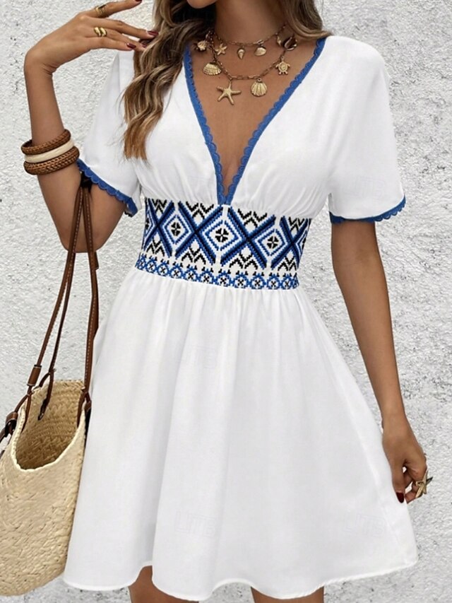  Dam Mini klänning Boho-klänning Klänning med tryck Västerländsk klänning Klassisk Modern Semester Helgdag Helgen Normal Blomma Kortärmad V-hals Vit Sommar
