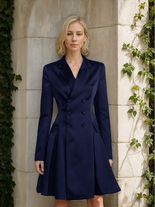  A-Line Mother of the Bride Dress Tuxedo Dress Wedding Guest Dress Elegant Simple Luxurious Blazer Lapel Neck Knee Length Satin Long Sleeve with Pleats and Pockets