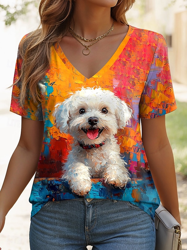  Femmes T-shirt Graphique Animal Chien ancien Élégant Occasionnel Manche Courte Col en V Hauts Réguliers Quotidien Imprimé Jaune Bleu Orange Bleu clair Été Printemps