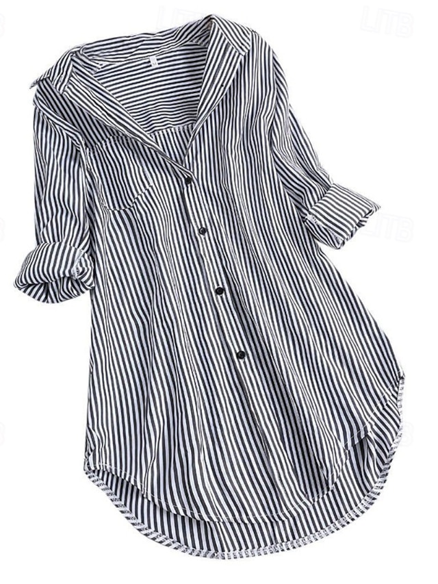  Per donna Mini Abito Abito in cotone e lino Classico Vacanza Quotidiano Uscire Vestibilità regolare A righe Manica Lunga Colletto a Camicia Nero Blu marino Blu Reale Estate