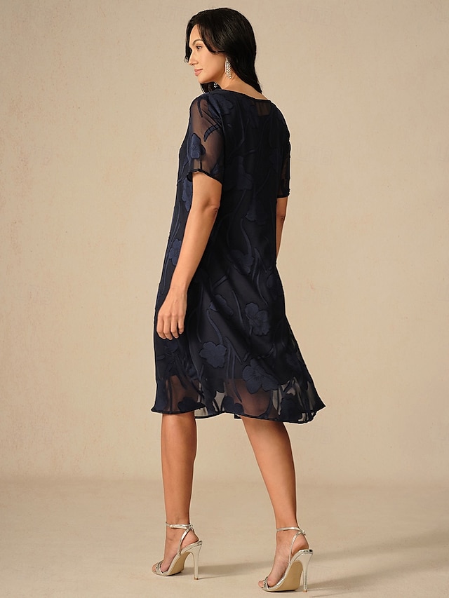  Dame Knelang kjole Chiffonkjoler Elegant Fritid Løstsittende Blomstret Kortermet Crew-hals Navyblå Sommer