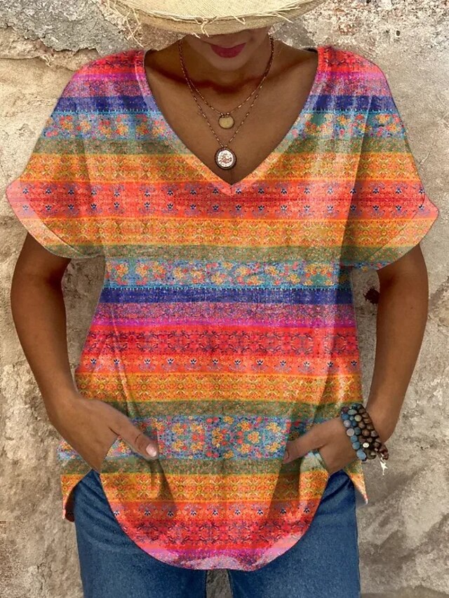 Women's T Shirt Graphic Geometric Color Block Stylish Casual Short Sleeve V Neck Regular Tops Daily Weekend Print Rainbow Summer Spring4