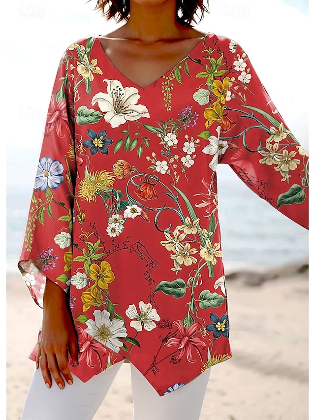  Dame Bluse Blomstret Grafisk Hawaiisk Stilfull Fritid Kortermet Langermet V-hals Vanlige topper Daglig Ferie Ut på byen Trykt mønster Lysegrønn Rød Oransje Grønn Beige Sommer Vår