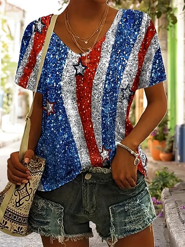 Women's Patriotic  T Shirt Graphic Flag Star Vintage Stylish Classic Short Sleeve Crew Neck Regular Tops Daily Weekend Beach Wear Print Blue Summer Spring4