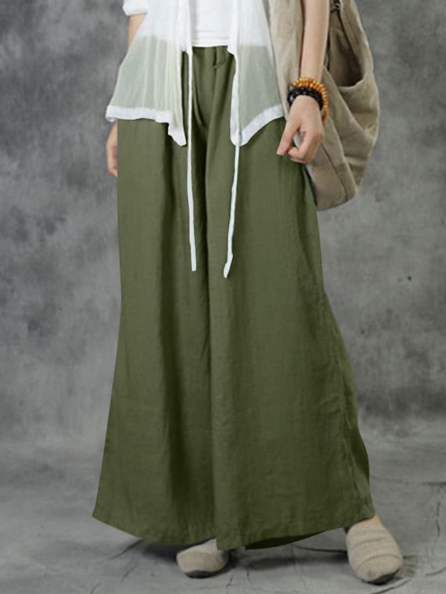  Damen Baumwoll-Leinen Hosen Weit geschnittene Baggy-Hosen Einfarbig Urlaub Basic Lässig Voll Länge Hohe Taille Schlicht Tasche Elastischer Bund Komfort Outdoor Mikrofaser Urlaub Street Alltag