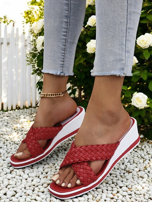  kvinners vevde sandaler med kile – uformelle sandaler med kryssreim med åpen tå for sommer og ferie