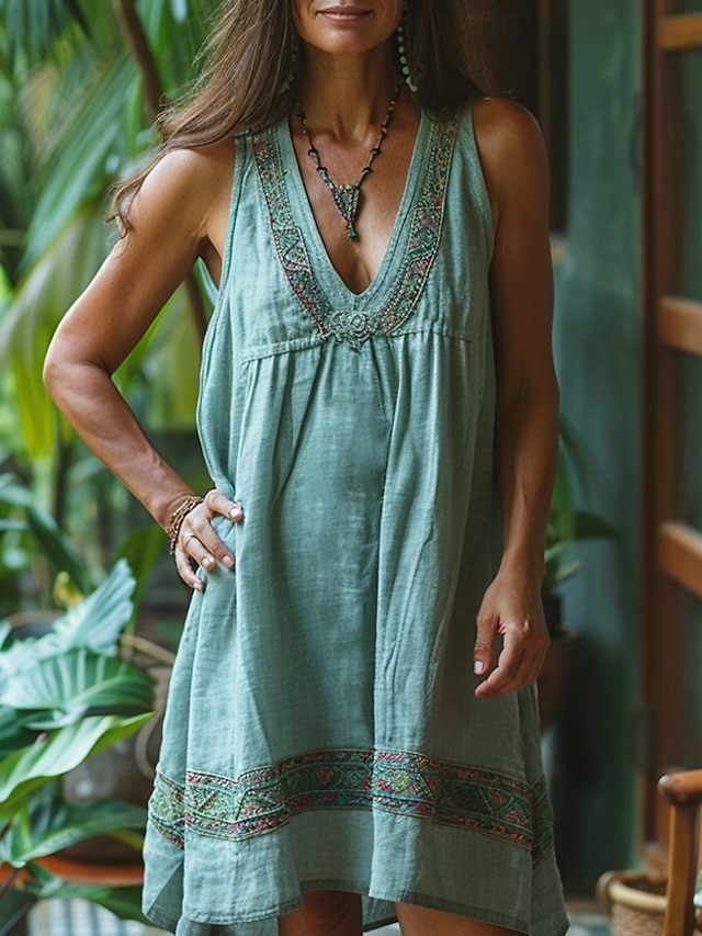  Damen Boho Kleid Mini Kleid A-Line Kleid Slip Kleid Urlaub Lässig Boho Outdoor Ausgehen Strand Lockere Passform Floral Grafik Ärmellos V-Ausschnitt See Blau Blau Grün Khaki Sommer Frühling