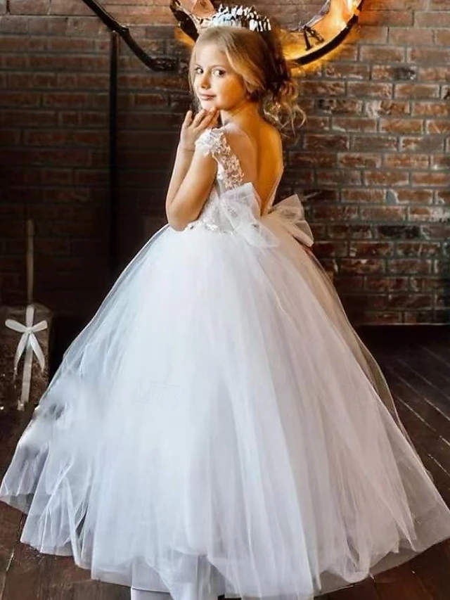 Flower Girl Dress Girls' Dress Formal Dress Princess Dress First Communion Dress Party Dress Performance Wedding Party Princess Sweet Easter Mesh Backless Flower Sleeveless V Neck White 3-12 Years 9