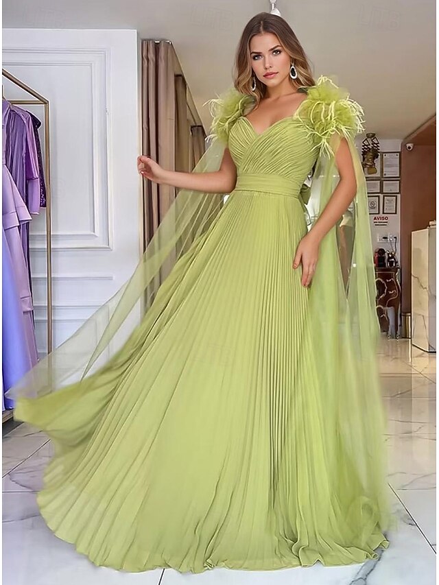 A-Line Evening Gown Elegant Dress Formal Wedding Guest Floor Length Short Sleeve Sweetheart Belt / Sash Chiffon with Feather Pleats4