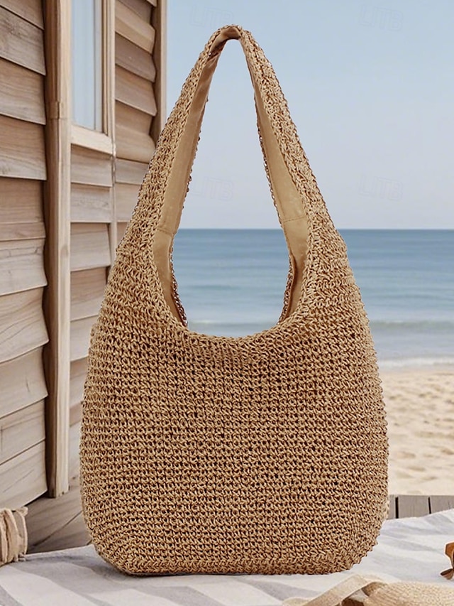 dames handgemaakte geweven stro schoudertas - grote boho strandtas voor zomerreizen, vakantie en casual outfits bruin beige