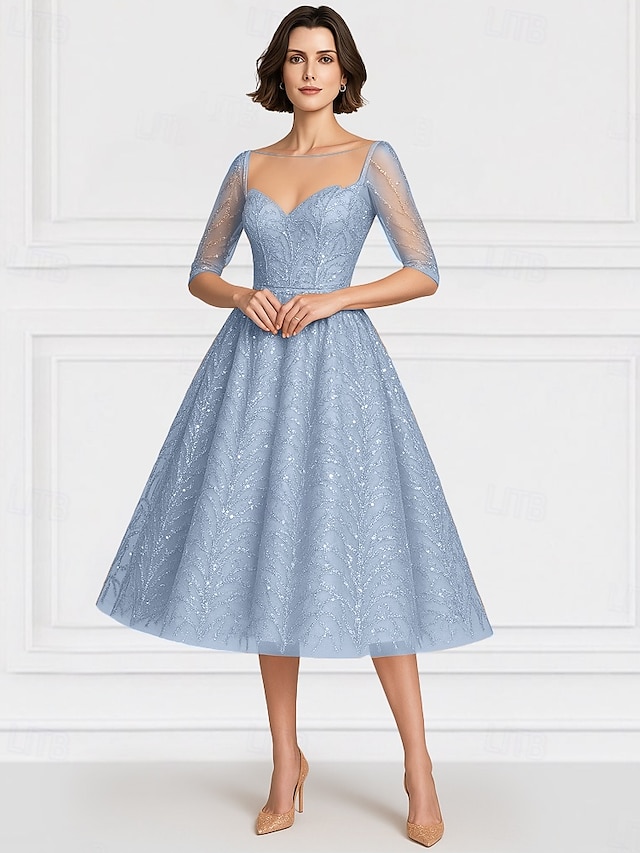  Robe mère de la mariée en A bleue élégante vintage illusion col longueur cheville en chiffon à demi-manches avec broderie de sequins