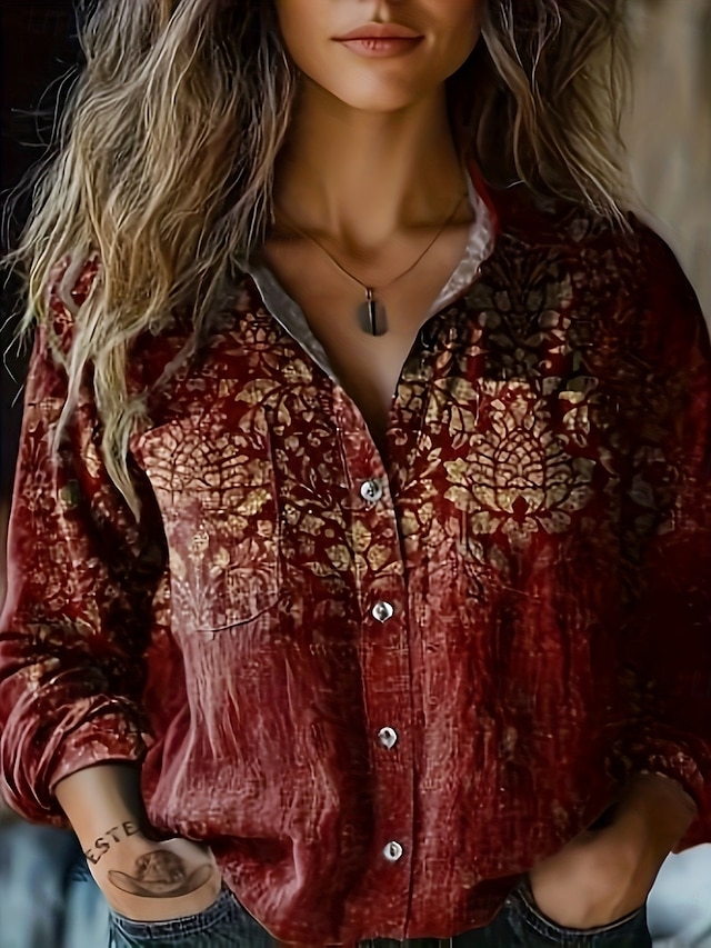  Mujer Camisa Floral Retro Antiguo Étnico Manga Larga Cuello Camisero Tops regulares Diario Festivos Bolsillo Botones Estampado Negro Vino Fucsia Verano
