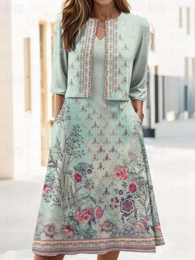 Women's Two Piece Dress Sets Midi Dress with Jacket Elegant A Line Dress Half Sleeve Party Cocktail Floral Print V Neck Wedding Guest Daily Green Regular Fit4
