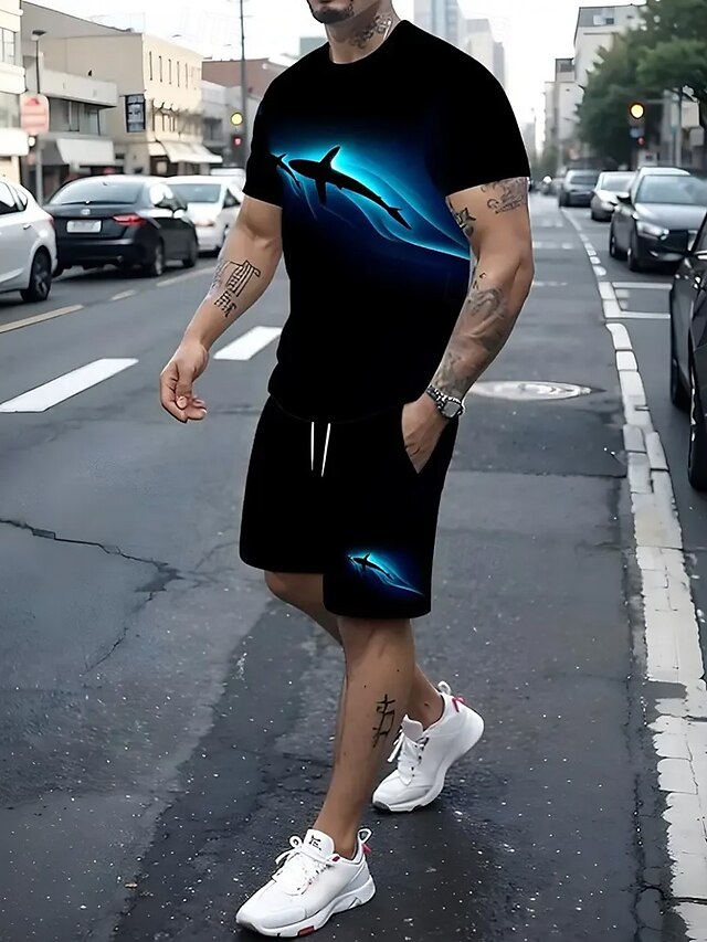  Men's animal print 2pcs Tees sets Summer Tops Short Sleeve Short Pants Crew Neck Streetwear Sport Casual Sport Casual Daily 3D Print Summer Black