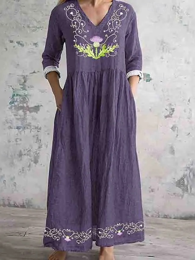  Dam Midiklänning Texturklänningar i poly-bomull linne Boho-klänning Klassisk Modern Utomhus Semester Helgdag Normal Blomma Långärmad V-hals Purpur Brun Aprikos Beige Sommar