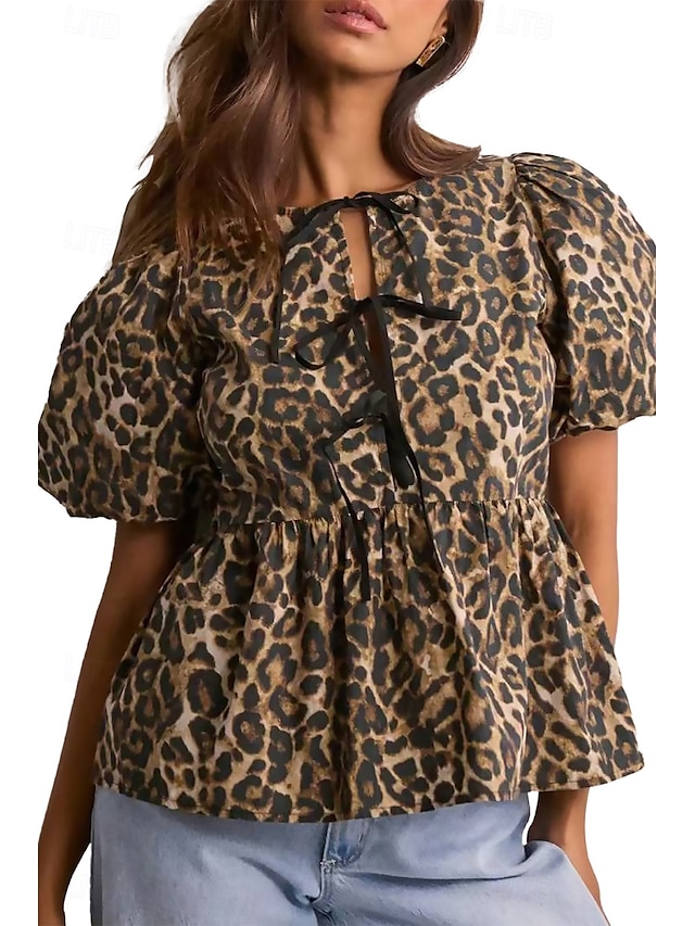  Women's Blouse Leopard Active Modern Short Sleeve Crew Neck Regular Tops Daily Going out Ruched Brown Summer