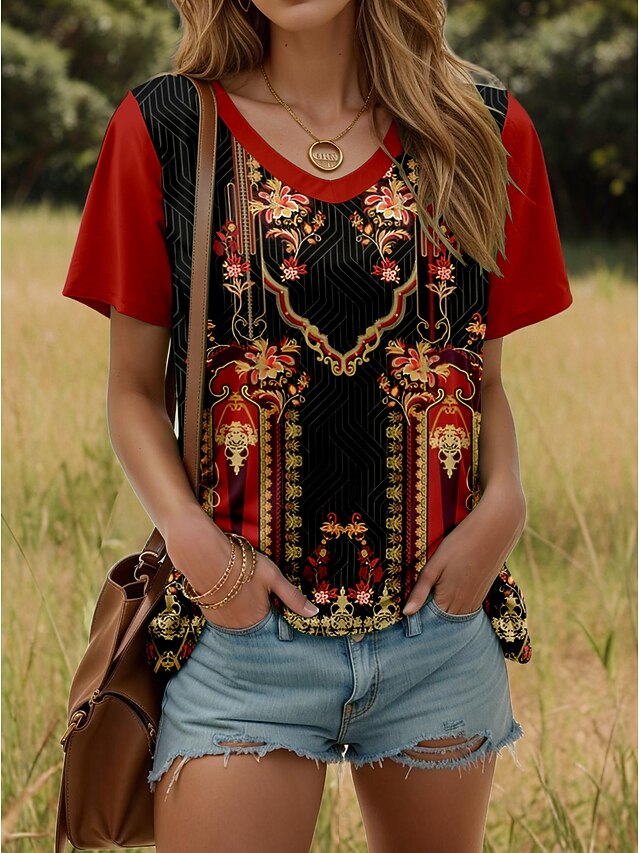 Women's T Shirt Graphic Geometric Plants Stylish Modern Casual Short Sleeve V Neck Regular Tops Daily Weekend Print Wine Summer Spring4