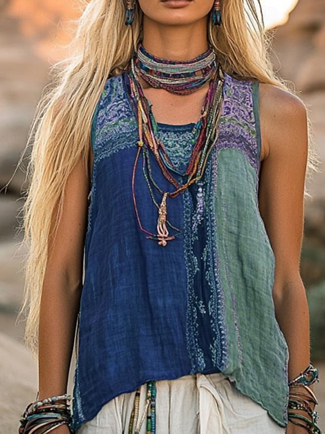  Damen Westernbluse Boho-Hemd Bluse Farbblock Blume Lässig Boho Ärmellos V Ausschnitt Normale Oberteile Täglich Ferien Patchwork Druck Wein Blau Purpur Fuchsie Grün Sommer
