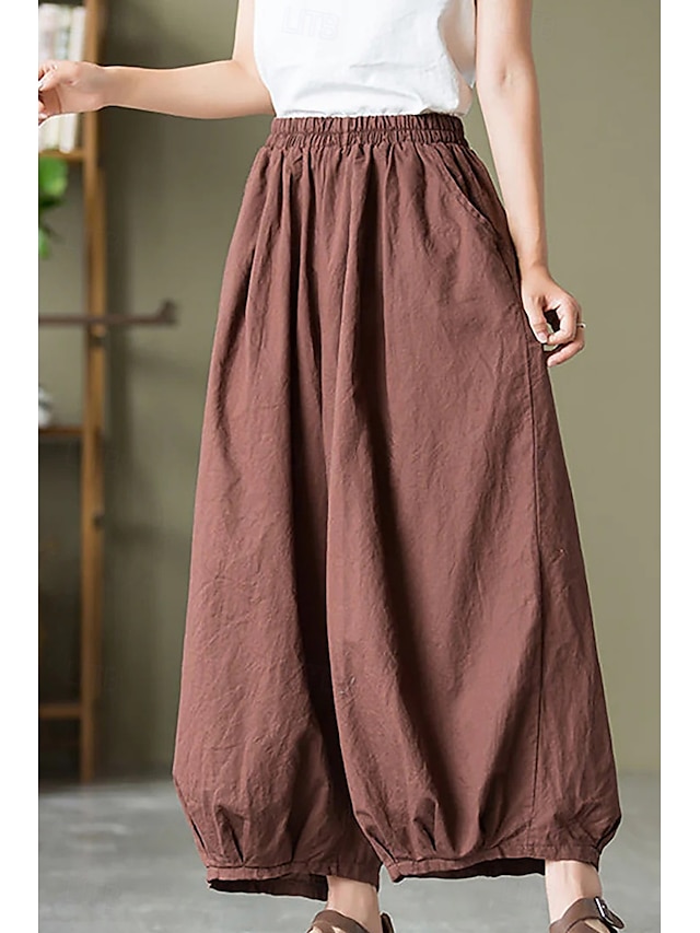  Per donna Pantaloni in cotone e lino Culotte Moda Streetwear Lunghezza intera Naturale Semplice Tasca Elastico in vita Comodo All'aperto Confortevole Vacanza Weekend Marrone rossastro Nero Verde