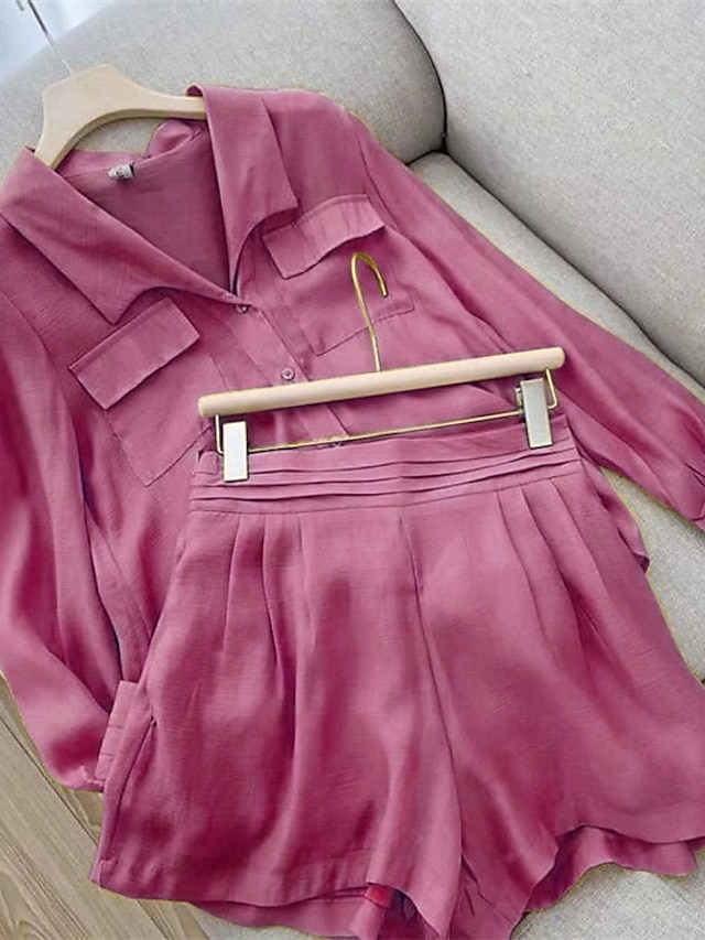 Femmes Mode Streetwear Ensembles en coton et lin Ensembles deux pièces Ensembles de Shorts manche longue Col de chemise Uni Tenue quotidienne Date Bleu Violet Vert Été Coupe régulière