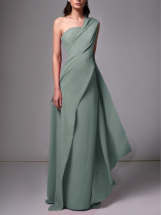 Green Off Shoulder Beaded Ruched Sheath Formal Evening Gown