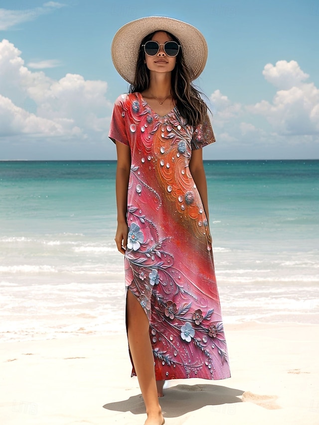  Per donna Abito maxi Vestito Estivo Abito a trapezio Abito Estivo Vacanza Casual Quotidiano Spiaggia Vestibilità regolare Floreale Grafico Manica Corta Scollo a V Rosa Rosso Blu Estate