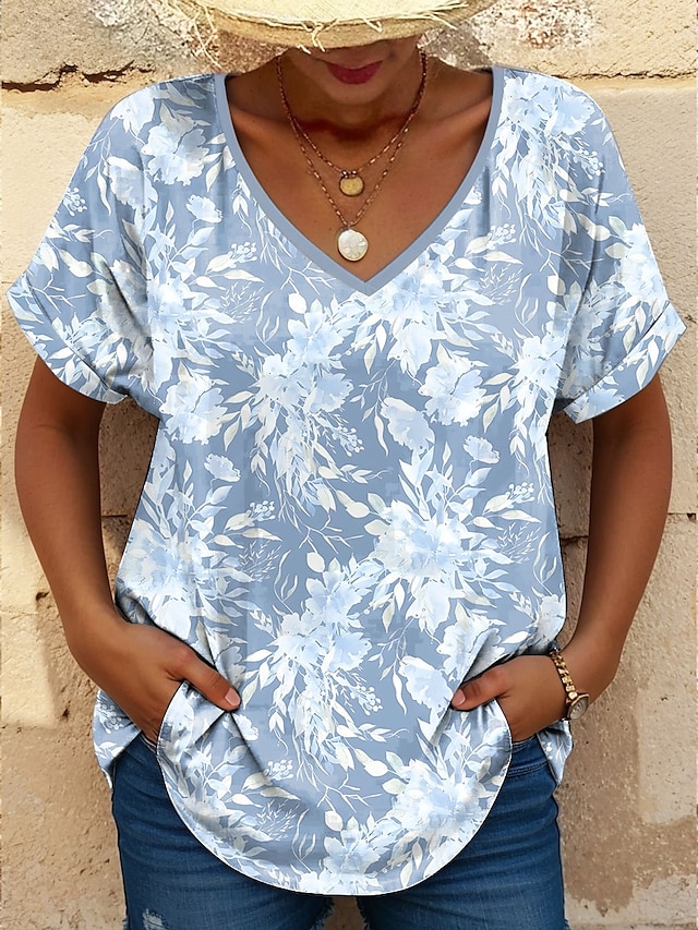  Damen T Shirt Blumen Grafik Stilvoll Lässig Kurzarm V Ausschnitt Normale Oberteile Täglich Druck Blau Sommer Frühling