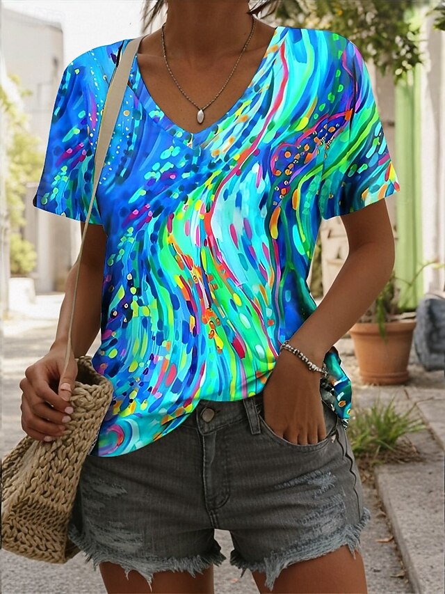 Women's T Shirt Graphic Geometric Vintage Stylish Casual Sleeveless Short Sleeve V Neck Regular Tops Daily Print Black Pink Blue Summer Spring4