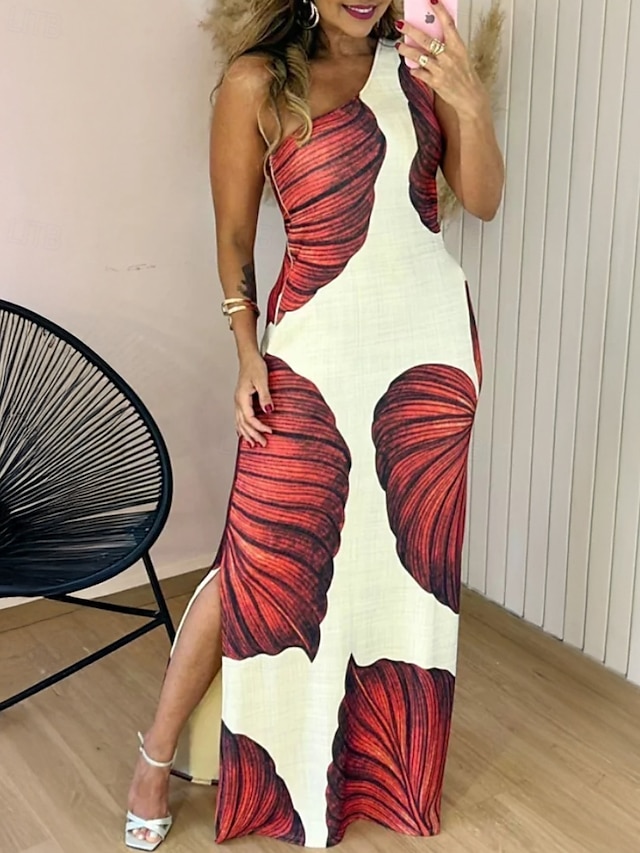  Dámské Dlouhé šaty Maxi šaty Plášťové šaty Letní šaty Elegantní Dovolená Rande Běžný S lístky Bez rukávů Jedno rameno Rubínově červená Hnědá Léto