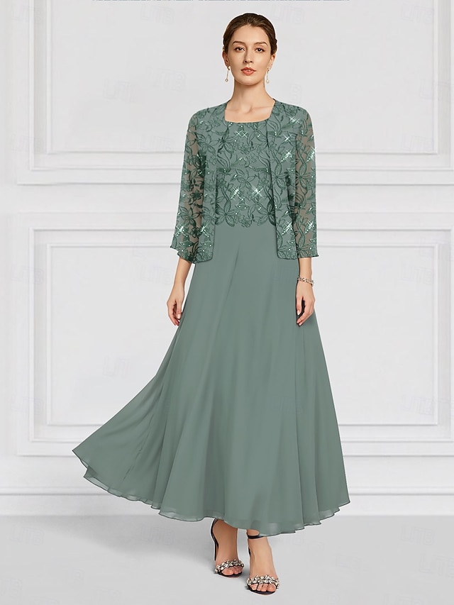  Blue Green Two Piece A-Line Mother of the Bride Dress Beaded Elegant Vintage Simple Crew Neck Ankle Length Lace Long Sleeve with Lace Embroidery