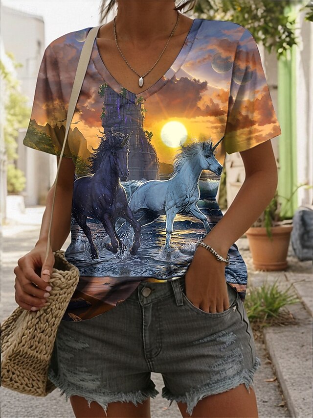 Unicorns in Sunset By Vincent Hie Women's T Shirt Graphic Animal Scenery Stylish Casual Short Sleeve V Neck Regular Tops Daily Print Orange Summer Spring4