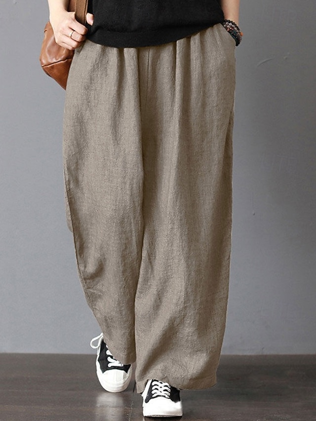  Damen Hose aus Baumwollleinen Stoffhosen Streetwear Lässig Volle Länge Natürliche Taille Einfach Tasche Elastischer Bund Bequem Außenbereich Straße Ausgehen Grau Schwarz Khaki Kaffee Sommer Normale