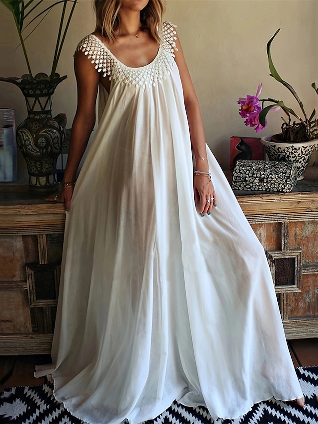  Femmes Robe Longue Maxi Robe Robe Blanche Robe de remise des diplômes Robe Décontractée Robe en coton et lin Élégant Mode Classique Extérieur Fête Date Coupe régulière Uni Sans manches Col ras du cou