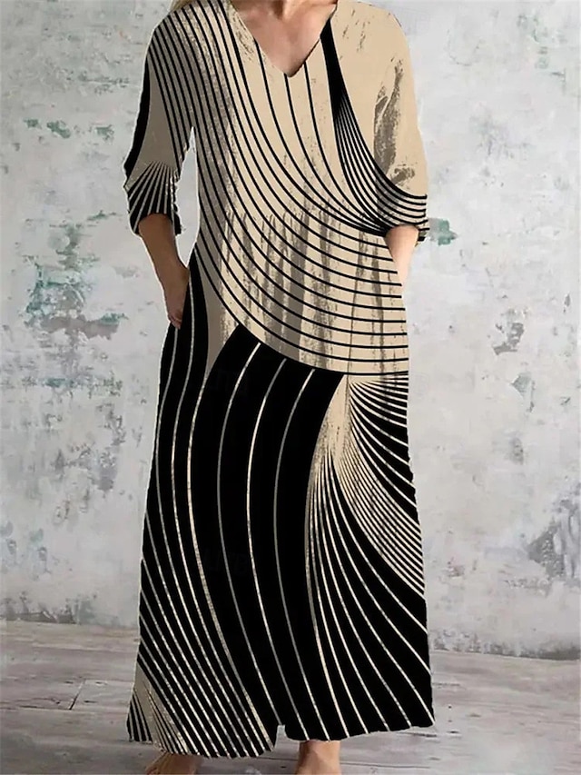  Naisten Pitkä mekko Maxi mekko Rento mekko Kesämekko Boho-mekko Muoti Loma Päivittäin Viikonloppu Normaali Geometrinen Pitkähihainen V kaula-aukko Musta Khaki Aprikoosi Kesä