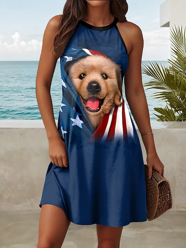  cățeluș patriotic golden retriever de vincent hie rochie mini damă rochie linie rochie de vară vacanță ocazională plajă zilnic potrivire obișnuită fără mâneci gât halter albastru