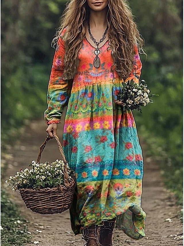  Pentru femei Rochie Maxi Rochie de Vară Rochie plisata Vacanță Casual Boho Ieșire Plajă Fit standard Floral Grafic Imprimeu Paisley Manșon Lung În V Roz Îmbujorat Albastru piscină Portocaliu Kaki