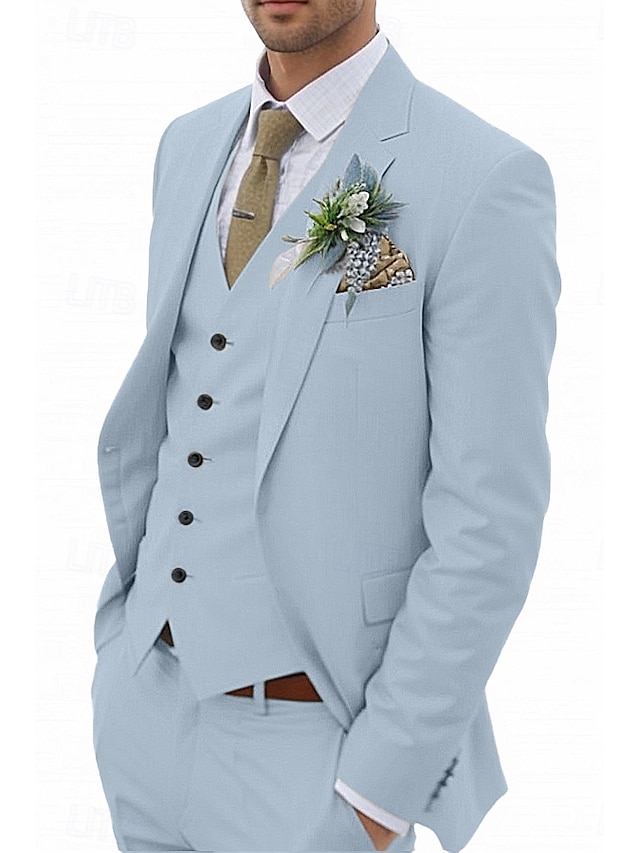  Men's Wedding Linen Suits Sky Blue Sage Summer Solid Colored Tailored Fit 3 Piece Single Breasted One-button